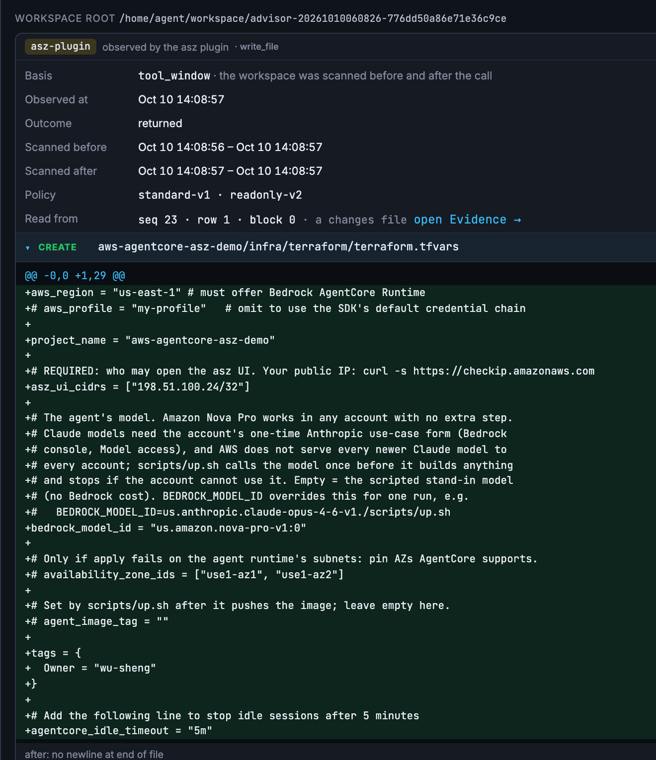 Figure 6: The write_file tool step&rsquo;s Changes tab: observed by the asz plugin, the workspace scanned before and after the call, and terraform.tfvars created with 29 lines, ending in agentcore_idle_timeout = &ldquo;5m&rdquo;.